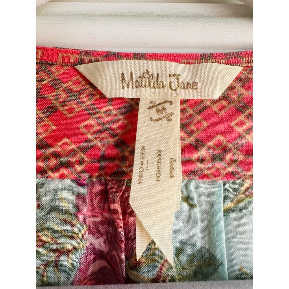 Matilda Jane Romper Women Size M Coral Geo Boho Cottagecore Button Front Pockets - Picture 2 of 10